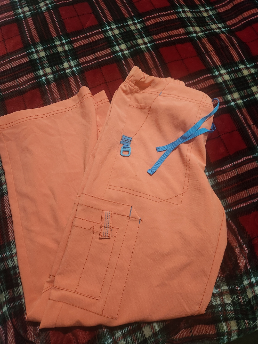 Carhartt Scrubs Peach Cargo Pants with Blue Drawcord Accents